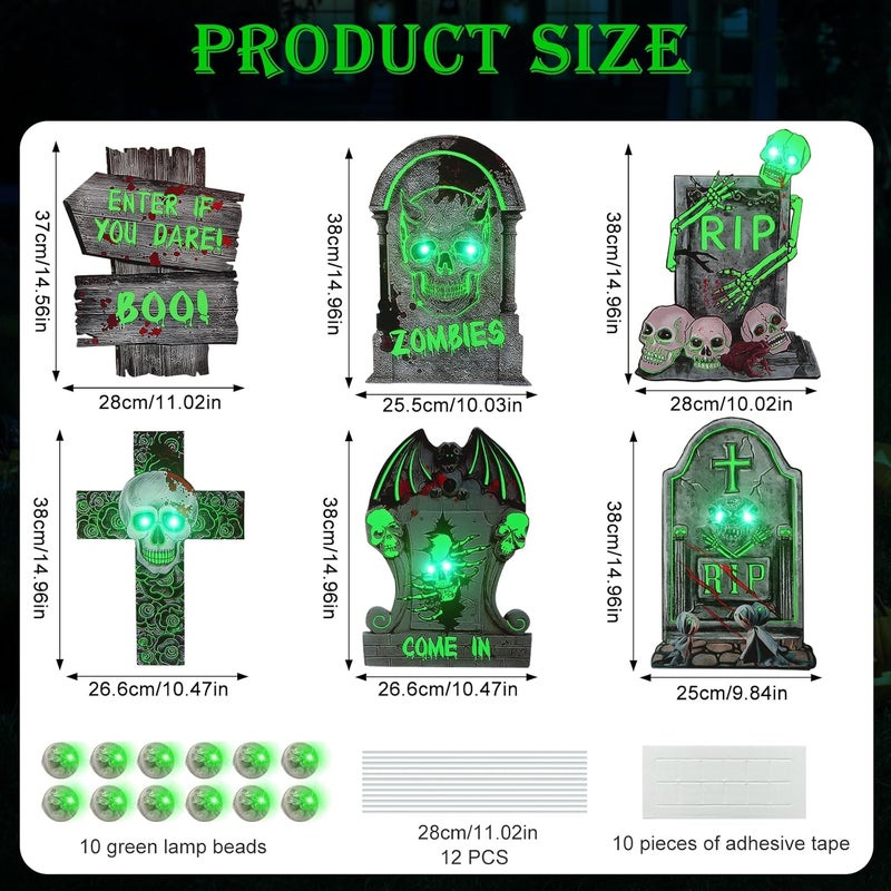 Chaohua Halloween Decorations 6 Pack Outdoor Glowing Tombstones, Halloween Tombstone Decoration with 10 LED Light Beads, Horror Yard Sign, Suitable for Cemetery Garden Lawn Party Decoration - Image 2